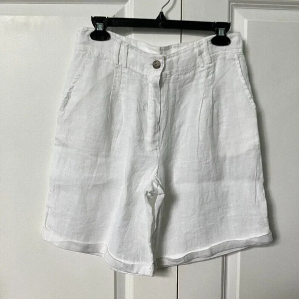 FLDL Bermuda Shorts White Linen Blend Sheer Pleated Front Minimalist